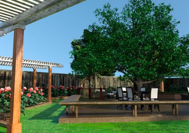 Modern bir avlunun 3 boyutlu görüntüsü. Güneşli bir yaz günü.