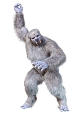 Bir kar canavarı ya da beyaz arka planda izole edilmiş bir Koca Ayak 'ın 3 boyutlu görüntüsü