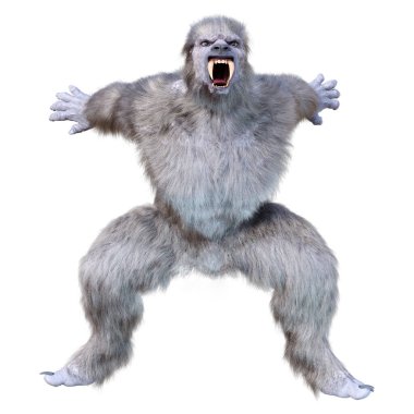 Bir kar canavarı ya da beyaz arka planda izole edilmiş bir Koca Ayak 'ın 3 boyutlu görüntüsü