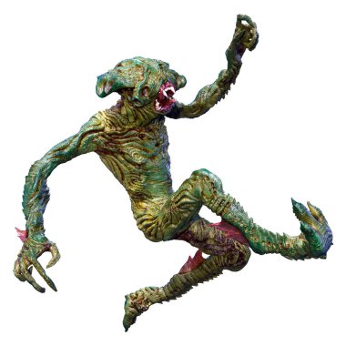 Beyaz arka planda izole edilmiş yeşil bir uzaylının 3 boyutlu görüntüsü