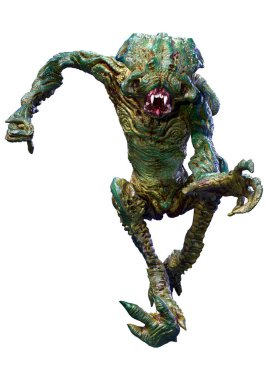 Beyaz arka planda izole edilmiş yeşil bir uzaylının 3 boyutlu görüntüsü