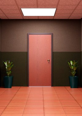 İş koridorunda 3 boyutlu kırmızı kapı görüntüsü