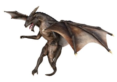 Beyaz arka planda izole edilmiş bir fantezi ejderhanın 3 boyutlu canlandırması