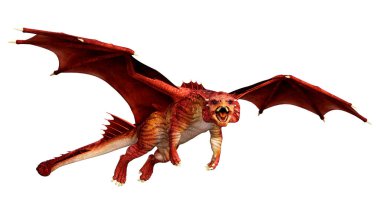 Beyaz arka planda izole edilmiş bir fantezi ejderhanın 3 boyutlu canlandırması