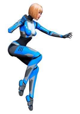 Beyaz arka planda izole edilmiş bir kadın robotun 3 boyutlu canlandırması