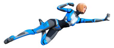 Beyaz arka planda izole edilmiş bir kadın robotun 3 boyutlu canlandırması