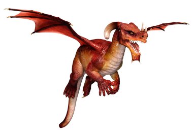 Beyaz arka planda izole edilmiş bir fantezi ejderhanın 3 boyutlu canlandırması