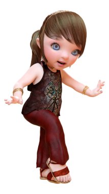 Beyaz arka planda izole edilmiş bir şekilde oynayan bir kızın 3 boyutlu canlandırması