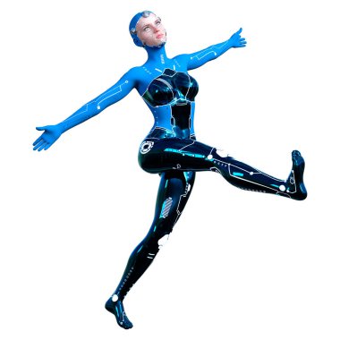 Beyaz arka planda izole edilmiş bir kadın robotun 3 boyutlu canlandırması