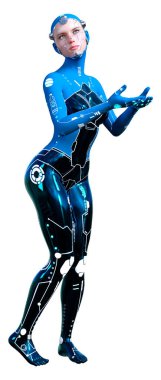 Beyaz arka planda izole edilmiş bir kadın robotun 3 boyutlu canlandırması