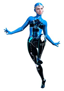 Beyaz arka planda izole edilmiş bir kadın robotun 3 boyutlu canlandırması