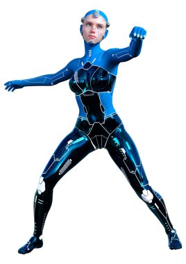 Beyaz arka planda izole edilmiş bir kadın robotun 3 boyutlu canlandırması