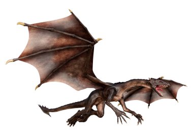 Beyaz arka planda izole edilmiş bir fantezi ejderhanın 3 boyutlu canlandırması