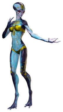 Beyaz arka planda izole edilmiş mavi dişi bir uzaylının 3 boyutlu görüntüsü