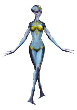 Beyaz arka planda izole edilmiş mavi dişi bir uzaylının 3 boyutlu görüntüsü