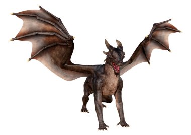 Beyaz arka planda izole edilmiş bir fantezi ejderhanın 3 boyutlu canlandırması