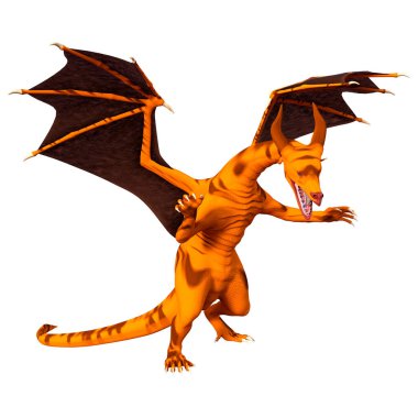 Beyaz arka planda izole edilmiş bir fantezi ejderhanın 3 boyutlu canlandırması