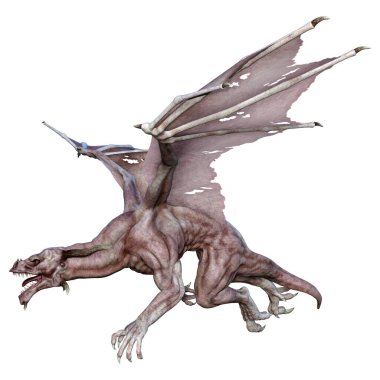 Beyaz arka planda izole edilmiş bir fantezi ejderhanın 3 boyutlu canlandırması