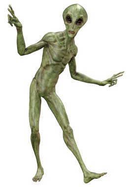 Beyaz arka planda izole edilmiş yeşil bir uzaylının 3 boyutlu görüntüsü