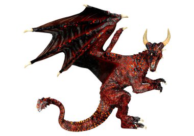 Beyaz arka planda izole edilmiş bir fantezi ejderhanın 3 boyutlu canlandırması