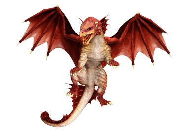 Beyaz arka planda izole edilmiş bir fantezi ejderhanın 3 boyutlu canlandırması