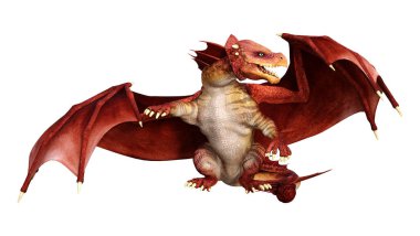 Beyaz arka planda izole edilmiş bir fantezi ejderhanın 3 boyutlu canlandırması