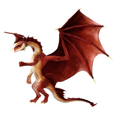 Beyaz arka planda izole edilmiş bir fantezi ejderhanın 3 boyutlu canlandırması