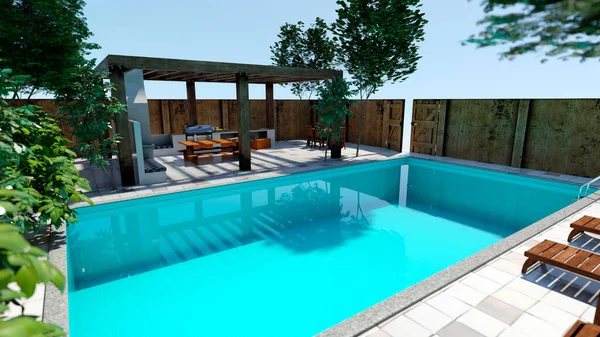 3D rendering of a Mediterranean outdoor kitchen exterior at pool