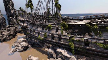 Sahildeki bir korsan gemisinin 3 boyutlu görüntüsü.