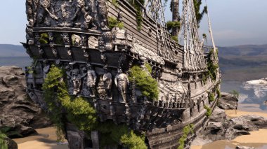 Sahildeki bir korsan gemisinin 3 boyutlu görüntüsü.
