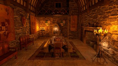 3D rendering of a medieval dining hall interior