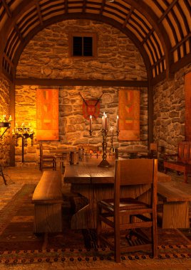 3D rendering of a medieval dining hall interior