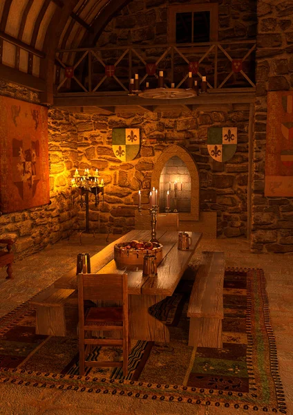 3D rendering of a medieval dining hall interior