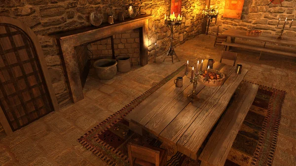 3D rendering of a medieval dining hall interior