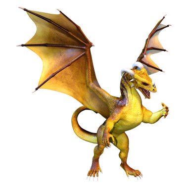 Beyaz arka planda izole edilmiş bir fantezi ejderhanın 3 boyutlu canlandırması