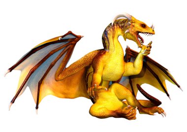 Beyaz arka planda izole edilmiş bir fantezi ejderhanın 3 boyutlu canlandırması