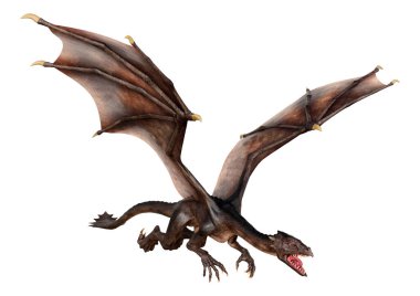 Beyaz arka planda izole edilmiş bir fantezi ejderhanın 3 boyutlu canlandırması