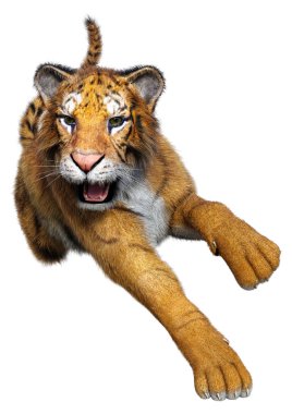 Beyaz arka planda izole edilmiş büyük bir kedi kaplanının 3 boyutlu görüntüsü