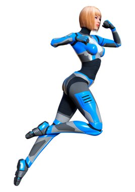 Beyaz arka planda izole edilmiş bir kadın robotun 3 boyutlu canlandırması