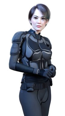 Beyaz arka planda izole edilmiş bir bilim kurgu savaşçısı kadının 3 boyutlu görüntüsü