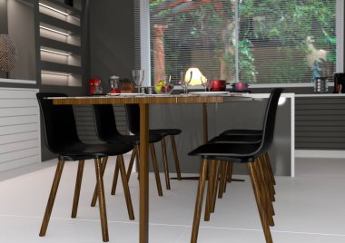 Modern bir mutfağın 3 boyutlu tasarımı