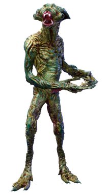 Beyaz arka planda izole edilmiş yeşil bir uzaylının 3 boyutlu görüntüsü