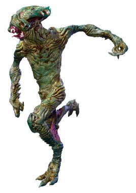 Beyaz arka planda izole edilmiş yeşil bir uzaylının 3 boyutlu görüntüsü