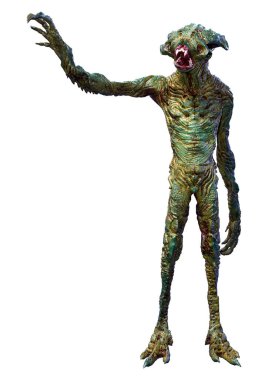 Beyaz arka planda izole edilmiş yeşil bir uzaylının 3 boyutlu görüntüsü