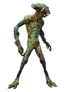 Beyaz arka planda izole edilmiş yeşil bir uzaylının 3 boyutlu görüntüsü