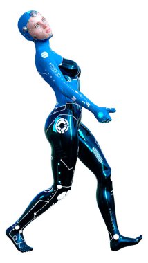 Beyaz arka planda izole edilmiş bir kadın robotun 3 boyutlu canlandırması