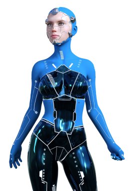 Beyaz arka planda izole edilmiş bir kadın robotun 3 boyutlu canlandırması