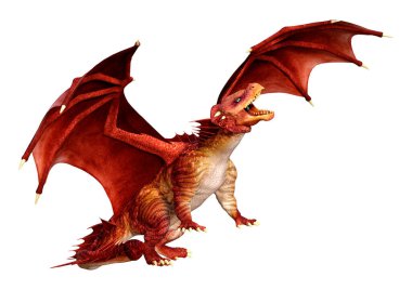 Beyaz arka planda izole edilmiş bir fantezi ejderhanın 3 boyutlu canlandırması