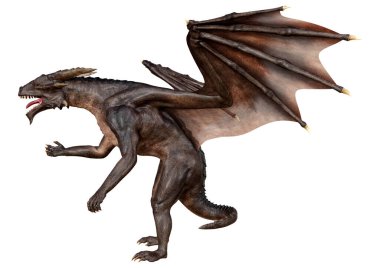 Beyaz arka planda izole edilmiş bir fantezi ejderhanın 3 boyutlu canlandırması