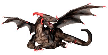 Beyaz arka planda izole edilmiş bir fantezi ejderhanın 3 boyutlu canlandırması